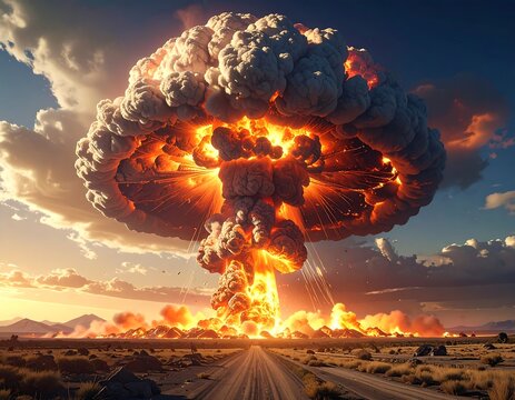 Large explosion with mushroom cloud rising above a desert landscape