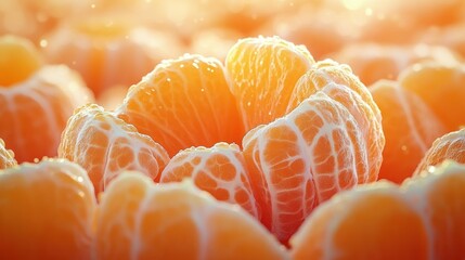 Close-up of peeled mandarin segments with glistening juice and textured pulp in a warm sunlit glow, conveying freshness and appetizing vibrancy