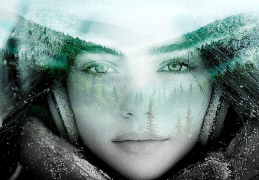 Green And White Risograph Double Exposure Photo Effect Mockup