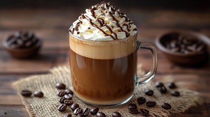 Glass mug of creamy mocha topped with whipped cream, chocolate drizzle and shavings, surrounded by scattered coffee beans on rustic burlap and warm wooden table, cozy and inviting