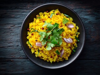 Vibrant indian poha breakfast dish with fresh cilantro garnish