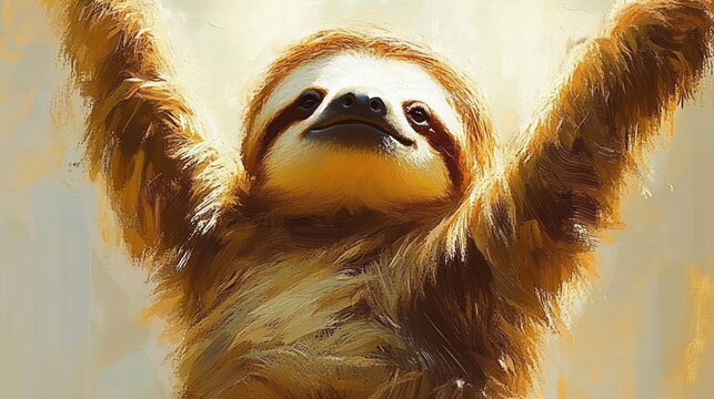 sloth with arms raised in a joyful triumphant pose, soft golden fur and content smiling expression - Powered by Adobe