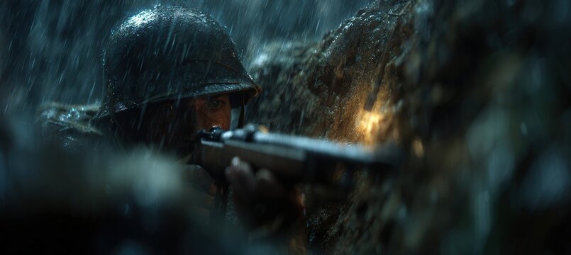 Soldier Firing from Trench in Heavy Rain with Muzzle Flash Reflections