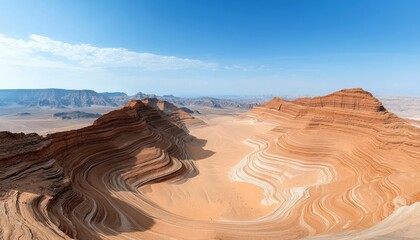 A panoramic view of striking, layered sandstone rock formations in a vast desert landscape. The formations exhibit swirling patterns of orange, brown, and white