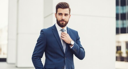 A man in a blue suit adjusting his tie.