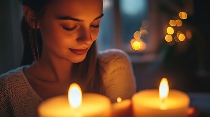 A serene young woman gazes at the warm glow of two candles, her face softly illuminated in the gentle light, creating a cozy and intimate atmosphere indoors