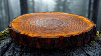 Close-up of a polished tree slice on forest floor