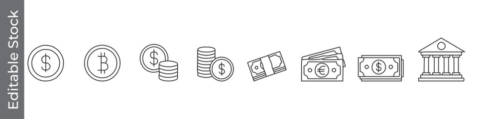 Banknote, bitcoin, income, bank and finance line icon set &ndash; editable outline symbols of coin, dollar, money, euro, cash, and bank building