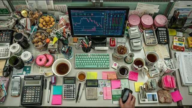 Overhead view of office desk with computer food and various items