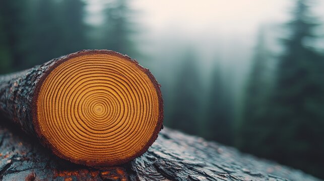 Close-up of a tree trunk cross-section, resting on a log, with a misty forest background - Powered by Adobe