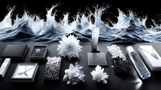 A collection of luxury items including jewelry, perfume bottles, and decorative elements are arranged on a dark surface, set against a backdrop of dynamic, spla