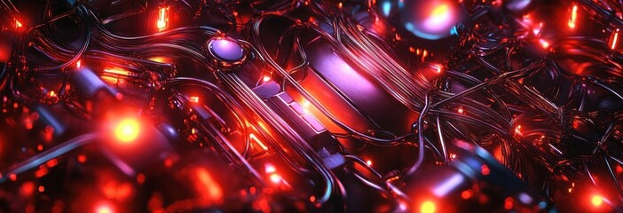 Close-up of tangled glossy cables and metallic nodes with pulsing red and purple lights, a futuristic intense glowing network
