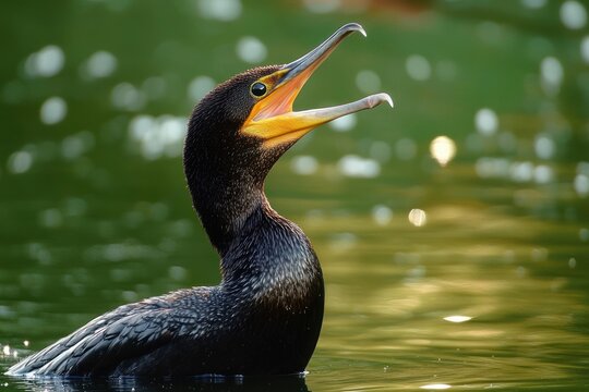 Black cormorant with open beak calling in calm green water, glossy wet feathers, yellow throat patch and alert expressive posture with soft bokeh reflections