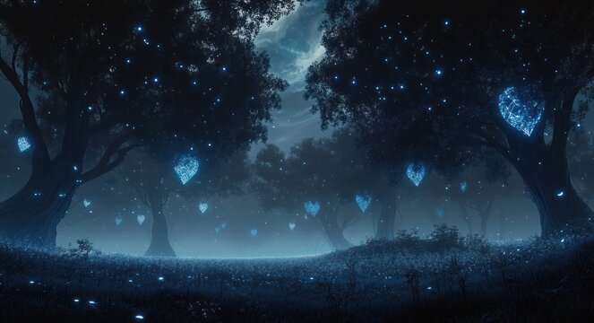 Moonlit forest clearing with glowing blue heart-shaped lanterns hanging from trees, misty meadow and sparkling bioluminescent lights, serene and magical night