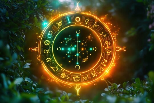 Glowing golden astrological wheel with zodiac symbols and a starry constellation at its center, hovering among lush green leaves in a mysterious enchanted scene