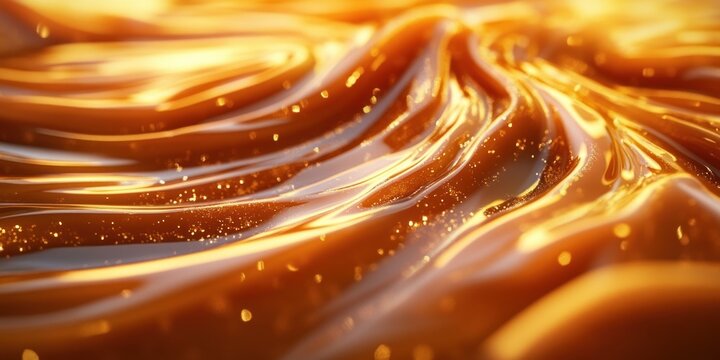 Close-up of glossy golden caramel ripples with sparkling highlights and smooth flowing swirls, warm inviting indulgent texture