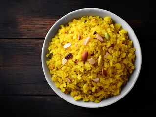 Delicious indian poha breakfast dish with spices and nuts