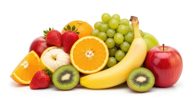 A colorful assortment of fruits including oranges, bananas, apples, and kiwi, arranged on a white background.