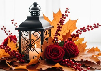Autumn lantern with roses and leaves isolated on white background