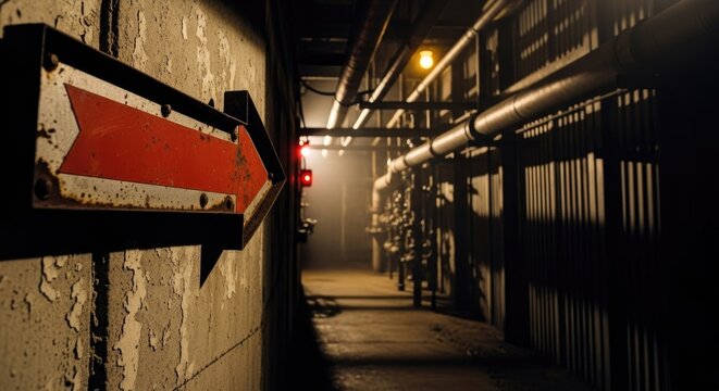Dark industrial corridor with rusty red arrow sign pointing right, pipes, and dim lights