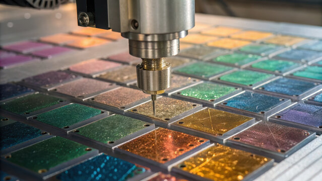Computational creativity concept. Precision machinery creating colorful microforms with high fidelity, showcasing vibrant hues and intricate