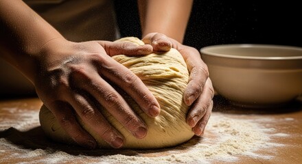 Close-up of baker's hands kneading fresh bread dough on a floured wooden surface with flour particles