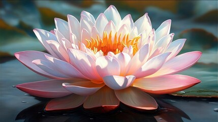 soft pink and white water lily in full bloom with golden center floating on calm reflective water, radiating peaceful serenity and gentle morning light