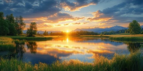 Golden sunset over a calm lake reflecting dramatic clouds, bordered by grassy reeds and trees with distant mountains, evoking peaceful tranquility