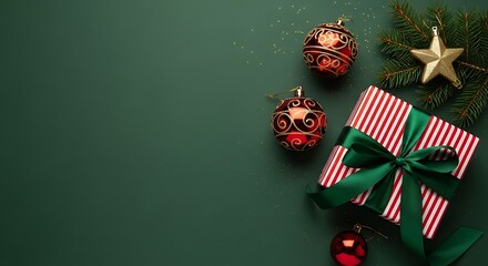 Festive christmas gift box and ornaments on a dark green background