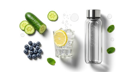 A glass of water with lemon and ice cubes on a white background.