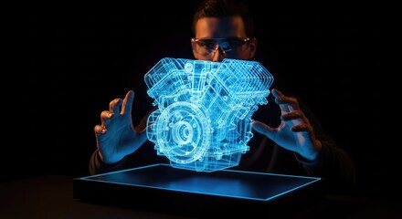 Futuristic engineer interacts with glowing blue holographic engine 3D model