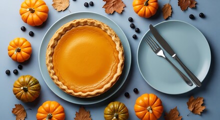 Delicious pumpkin pie surrounded by miniature pumpkins and autumn leaves