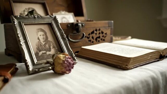 Memory box, open book and picture frames on a table near a window