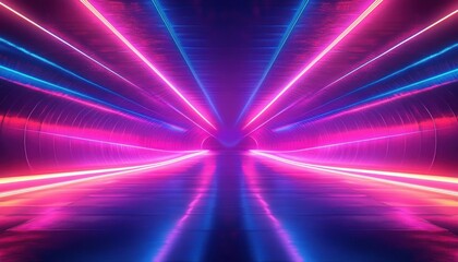 Symmetrical neon-lit futuristic tunnel corridor with glowing pink, purple and blue lines converging to a vanishing point, reflective floor and immersive surreal energy