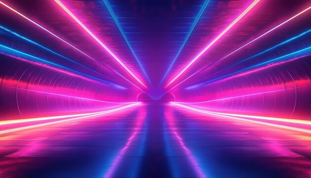 Symmetrical neon-lit futuristic tunnel corridor with glowing pink, purple and blue lines converging to a vanishing point, reflective floor and immersive surreal energy - Powered by Adobe