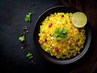 Flavorful indian poha dish with lime and cilantro garnish