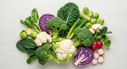 A variety of fresh vegetables including broccoli, cauliflower, kale, and brussels sprouts arranged on a white wooden surface.