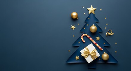 Festive blue christmas tree with gold ornaments and gifts