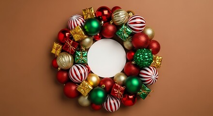 Festive christmas wreath decorated with ornaments and gifts