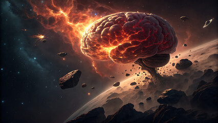 Cosmic brain glowing with fiery energy in deep space amidst asteroids and a distant planet, symbolizing vast intellect and universal thought
