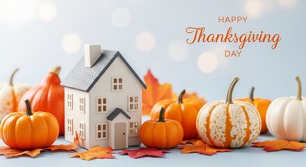 Cozy thanksgiving scene with miniature house and pumpkins