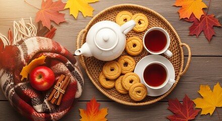 Cozy autumn tea time with cookies and fall decorations