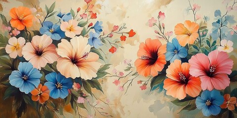Two clusters of vibrant hibiscus and small blossoms in blue, coral, peach, cream and pink with lush green leaves on a soft pastel background, cheerful and serene floral composition