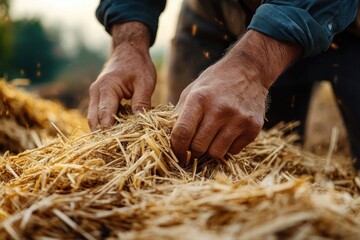 Close-up of weathered hands gathering golden straw in warm sunset light, conveying hard work, care, and rustic farm life