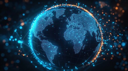 Glowing digital Earth with continents formed by blue data points, surrounded by an orbiting ring of orange particles and luminous network lines, futuristic energetic connectivity