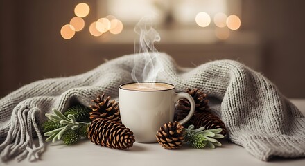 Cozy winter scene with steaming hot chocolate and pinecones