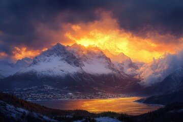 snow-capped jagged mountains and coastal village beside a glowing golden fjord under dramatic fiery clouds, forested foreground reflecting warm sunset light, awe-inspiring and moody
