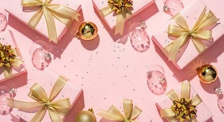 Elegant gold bows and ornaments on pink background with shadows