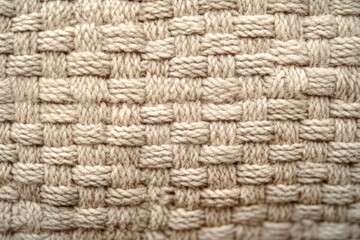 close-up of beige woven wool fabric with basket weave pattern, soft cozy warm tactile texture