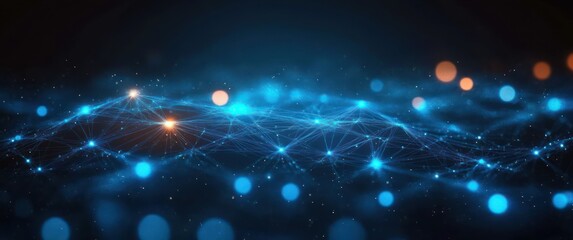 glowing blue network of interconnected nodes and lines forming a wave-like mesh with floating blue and orange bokeh lights, futuristic mysterious and dynamic atmosphere